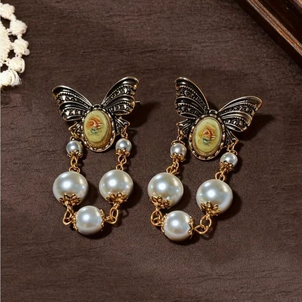 Rustic Pearl Butterfly Dangle  Earrings